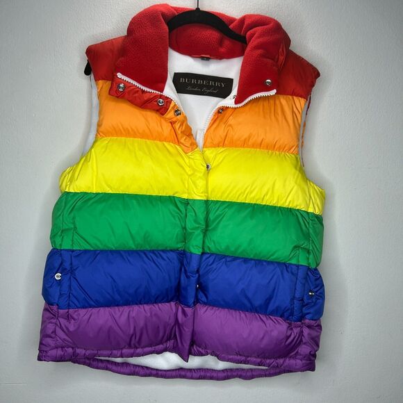 RARE Burberry Rainbow Stripe Down Filled Quilted Puffer Vest Concealed Zip S - Picture 4 of 15